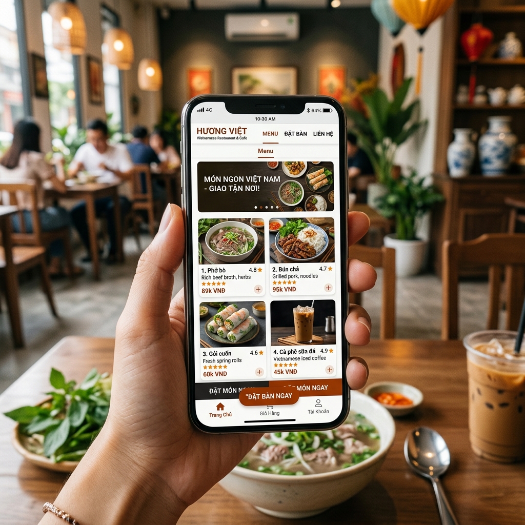 Thiết Kế Website Quán Cafe Chuyên Nghiệp, Tối Ưu Chuyển Đổi - Giao diện di động (Mobile Mockup)